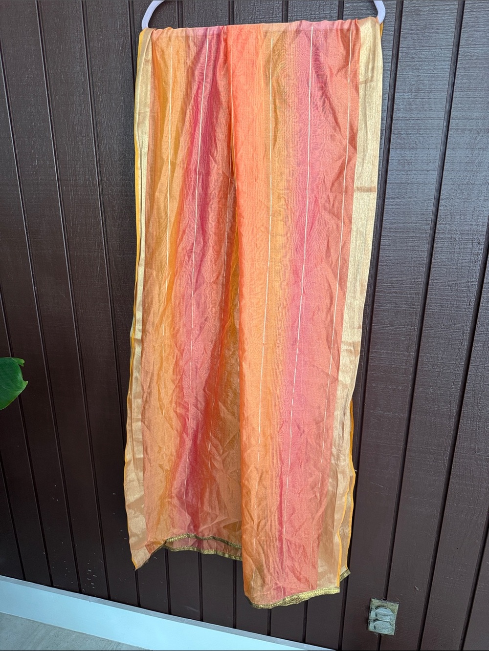 Sheer Orange-Pink Ombre Scarf with Gold Trim